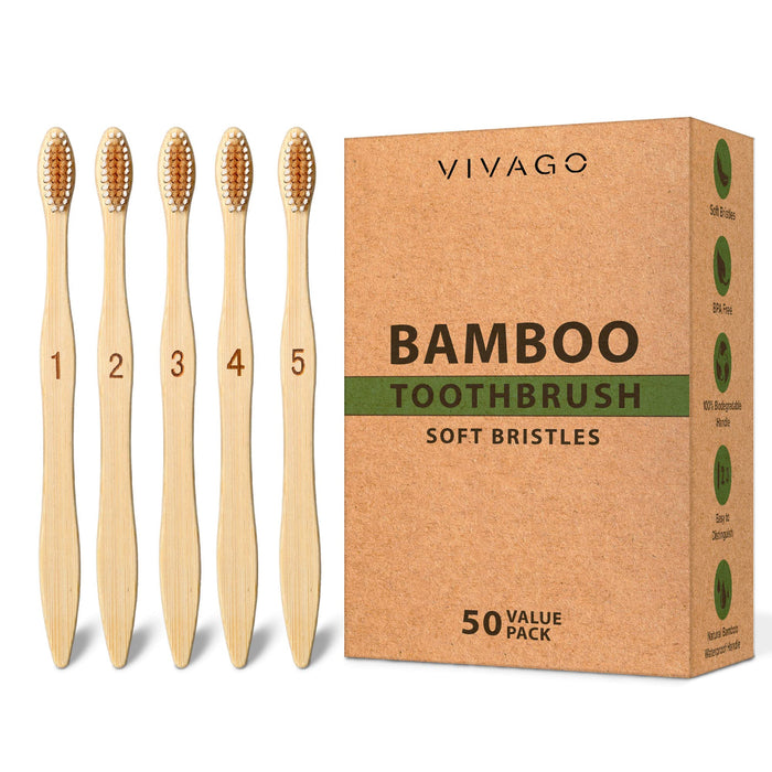 VIVAGO Biodegradable Bamboo Toothbrushes Bulk Soft Bristles (50 Pack) - Eco-Friendly, Compostable Natural Wooden Bulk Toothbrush