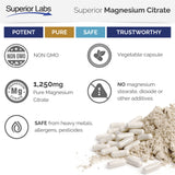 Superior Labs Magnesium Citrate - 100% NonGMO Safe from Additives, Stearates, Gluten and Other Allergens - Powerful Dose for Sleep, Cramps, Twitches - 1,250mg Citrate, 120 Vegetable Caps