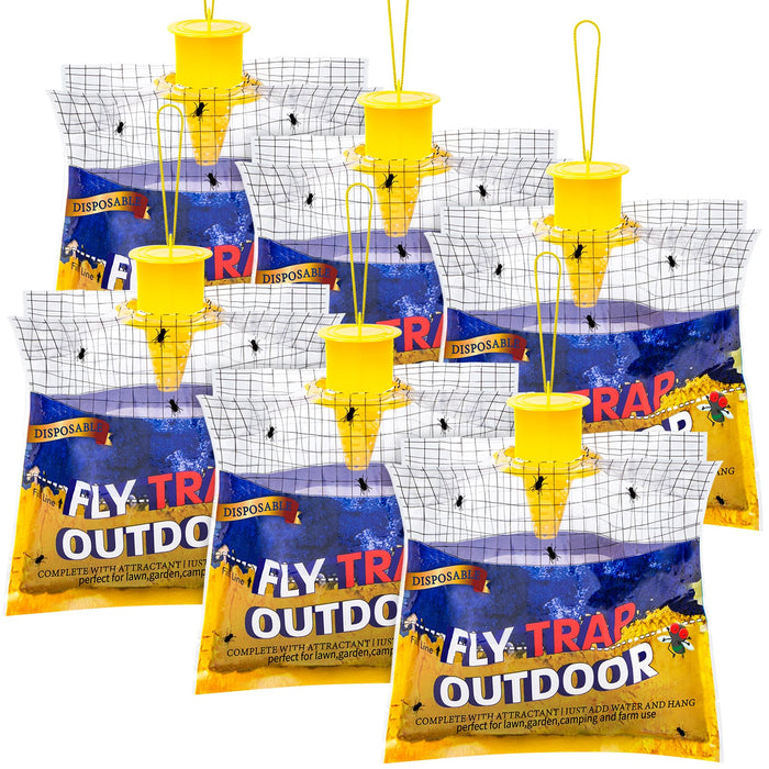 Fly Traps Outdoor Fly Trap Hanging with 30g Fly Bait, Natural Pre-Baited Fly Bags Outdoor Disposable Stable Horse Ranch Fly Trap Bag Fly Catchers Killer Outdoor 6 Pack