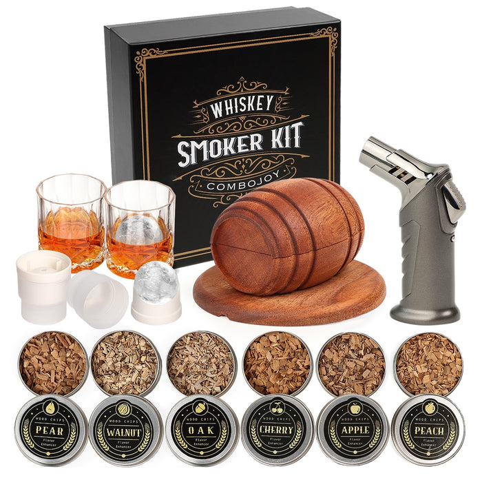 Whiskey Smoker Kit with Torch - 6 Flavors Wood Chips, 2 Glasses, 2 Ice Ball Molds - Cocktail Smoker Infuser Kit, Old Fashioned Drink Smoker Kit, Birthday Bourbon Whiskey Gifts for Men,Dad(NO Butane)