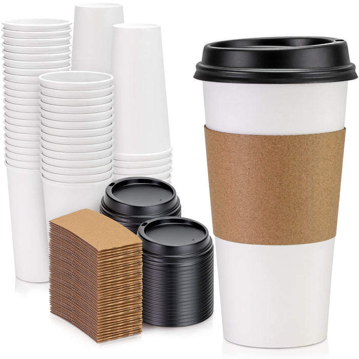 Fit Meal Prep 50 Pack 20 oz Disposable Coffee Cups with Lids and Kraft Sleeves, Premium Large To Go Coffee Cups with Lids, Durable Thickened Paper Hot Coffee Cup for Cold/Hot Beverages