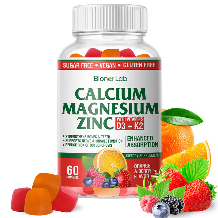 Calcium Magnesium Zinc Gummies with Vitamin D3 & K2 - High Potency Enhanced Absorption - Orange and Berry Flavored