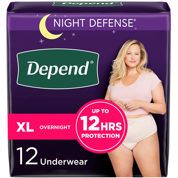 Depend Night Defense Adult Incontinence Underwear for Women, Disposable, Overnight, Extra-Large, Blush, 12 Count, Packaging May Vary