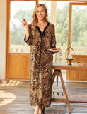 Bloggerlove House Dresses for Elderly Mumu Dresses Women Leopard House Dress V Neck Nightgown Robe Half Sleeve Loungewear Full Length Sleepwear Zipper Duster Housecoat