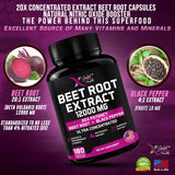 Beet Root Extract Capsules - 12000mg 20x Concentrated Beet Root Capsules Supplement w/Black Pepper - High Nitrates - Natural Nitric Oxide Booster - Highly Concentrated & Bioavailable -180 Veggie Caps