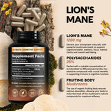 Organic Lions Mane - Certified Mushroom Supplement - Made in USA - Fruiting Bodies Extract - 1200 mg, 25% Polysaccharides - Memory & Focus - As Lions Powder, Liquid - 120 Capsules, 2 Month Supply