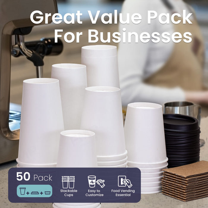 Fit Meal Prep 50 Pack 24 oz Disposable Coffee Cups with Lids and Kraft Sleeves, Premium Large To Go Coffee Cups with Lids, Durable Thickened Paper Hot Coffee Cup for Cold/Hot Beverages