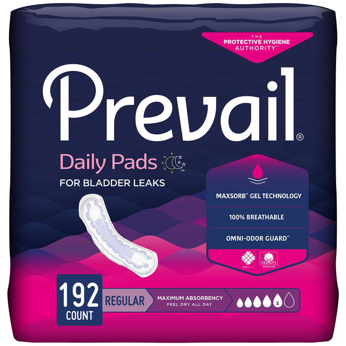 Prevail Incontinence Bladder Control Pads for Women, Maximum Absorbency, Regular Length, 192 Count