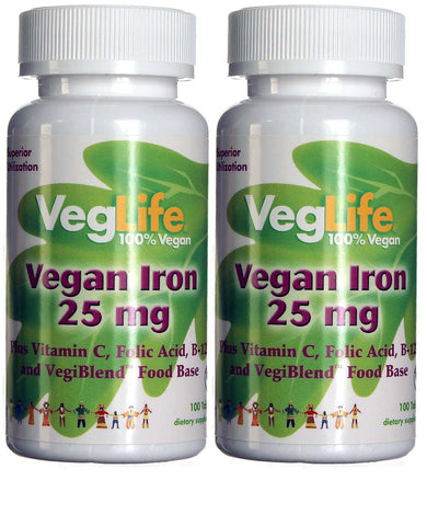 VegLife Vegan Iron 25 mg | Plus Vitamin C, Folic Acid, B-12 and VegiBlend Food Base | Plant Based Iron Supplement for Women & Men | 100 Tablets | 2 pk