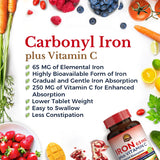 Vitalitown Iron 65 mg, Carbonyl Iron with 250 mg Vitamin C for Enhanced Absorption, Blood Builder & Energy Support for Iron Deficiency & Anemia, Less Constipation, No Gluten, Non-GMO, 60 Vegan Tablets