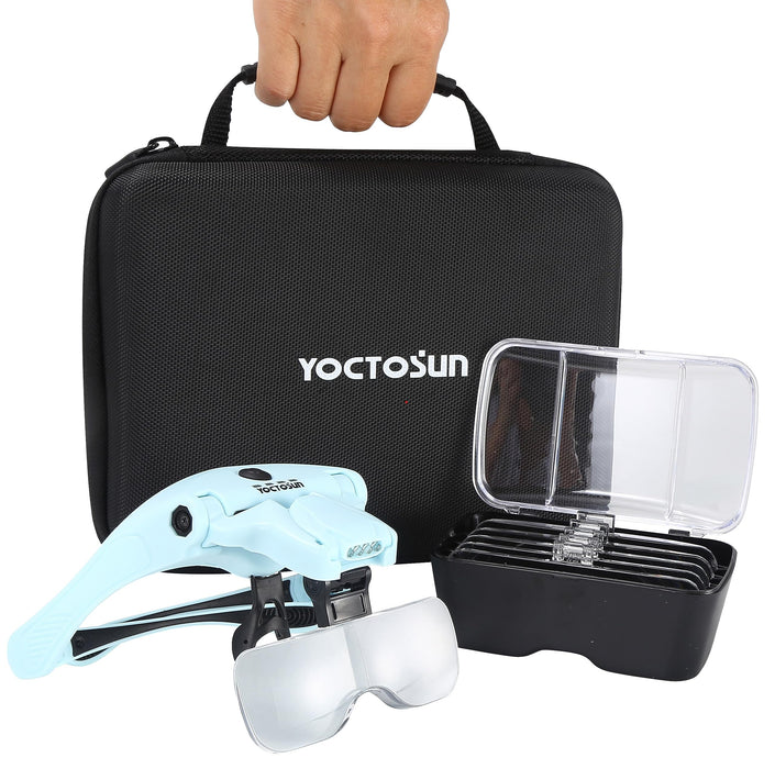 YOCTOSUN Magnifying Glasses with 4 LED Lights, Head Mount Magnifier with Storage Case,5 Lenses, Headband, Hands Free Lighted Head Magnifying Visor for Hobby Crafts & Close Work