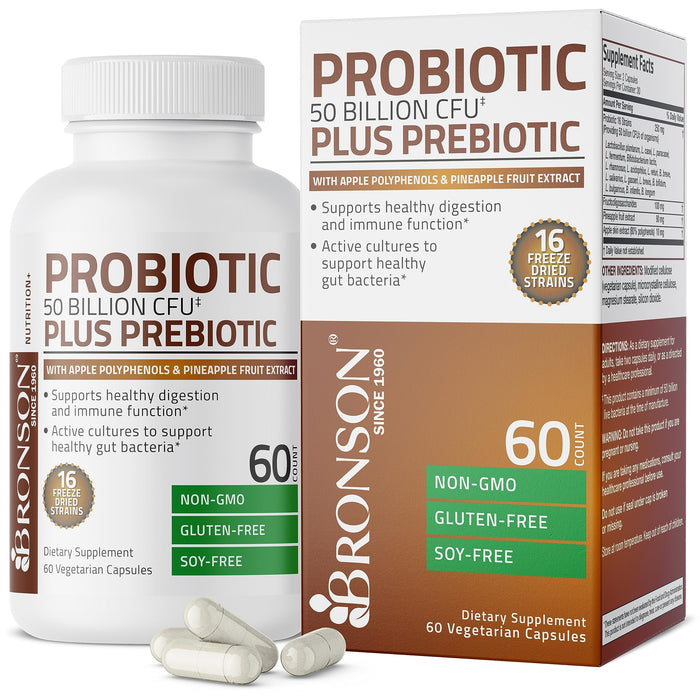 Bronson Probiotic 50 Billion CFU + Prebiotic with Apple Polyphenols & Pineapple Fruit Extract for Women & Men Non-GMO, 60 Vegetarian Capsules