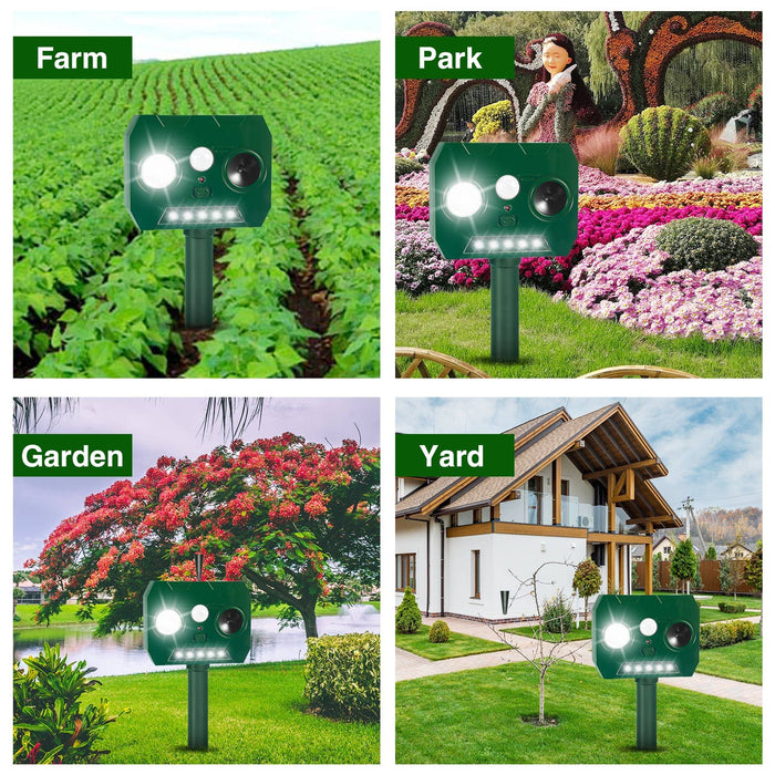 2Pcs Ultrasonic Pest Repellent Outdoor Solar Animal Repeller with Motion Detection&LED Flash Lights Deer Deterrent Devices to Repel Dog Cat Squirrel Raccoon Rabbit Bird Mice Skunk Repellent for Yard