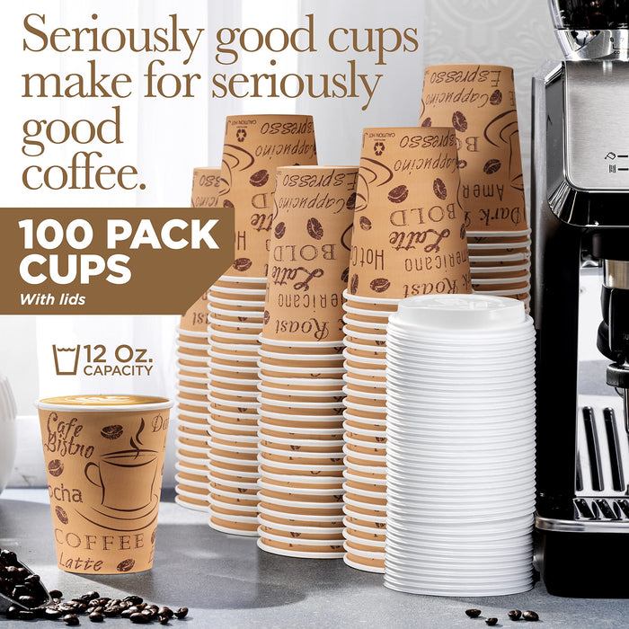 Disposable Coffee Cups with Lids 12 oz (100 Pack) - To Go Paper Coffee Cups for Hot & Cold Beverages, Coffee, Tea, Hot Chocolate, Water, Juice - Eco Friendly