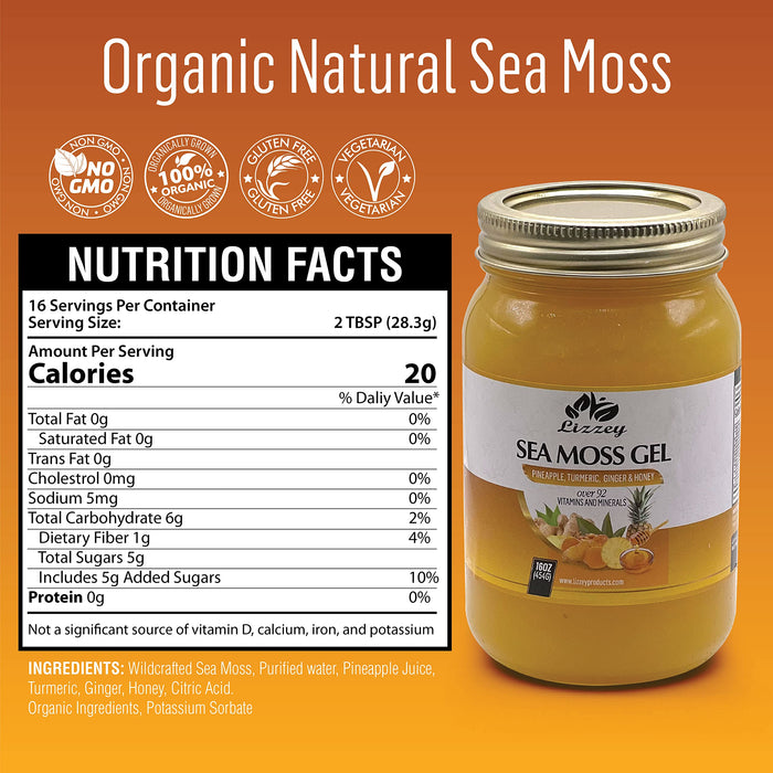 Lizzey 100% Organic, Pineapple Flavored Sea Moss Gel with Turmeric & Ginger for Immune Health and Digestive Support, for Men & Women, All Natural Superfood Supplement