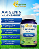 aSquared Nutrition Apigenin 50mg & L-Theanine 200mg - 120 Capsules - Apigenin Supplement Pills for Sleep and Relaxation - Natural Bioflavonoid Extract Found in Chamomile Tea