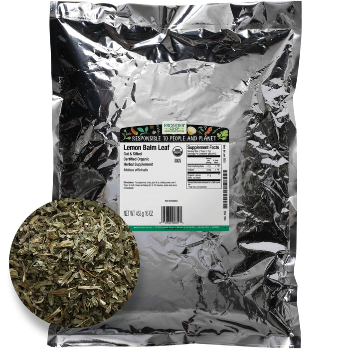 Frontier Co-op Organic Cut & Sifted Lemon Balm Leaf 1lb - Dried Lemon Balm Herb Lemon Balm Loose Leaf Tea Herb - Melissa Tea, Toronjil Tea