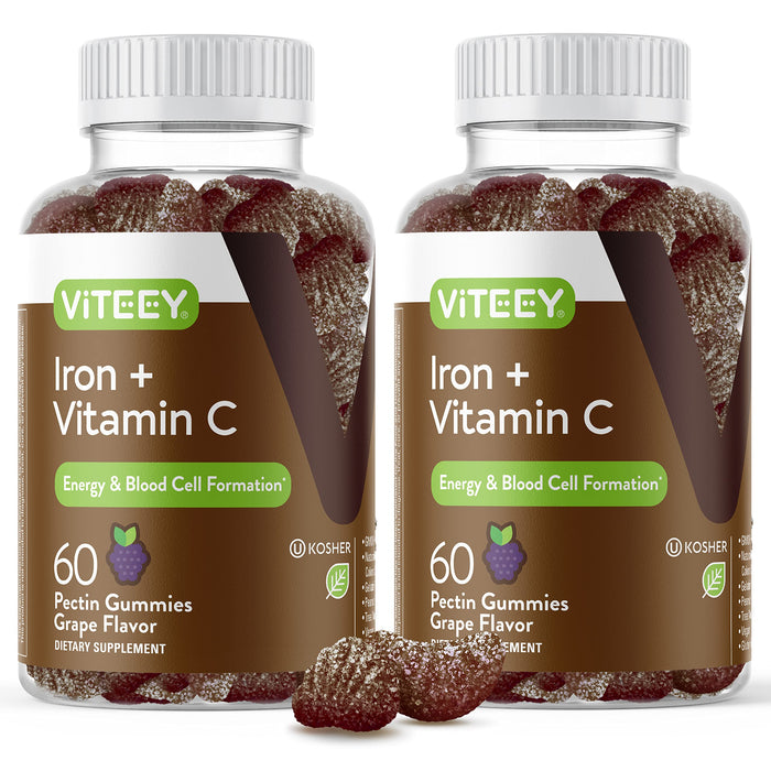 Iron Gummies 20mg + Vitamin C 26mg for Iron Deficiency and Anemia, Supports Energy, Blood Cell Formulation, Blood Builder, Vegan Supplements, Gluten Gelatin and GMO Free, Chewable Grape Gummy Chews