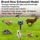 Latest 2024 Expanded Detection Range Solar Animal Repeller - Animal Repellent Outdoor with Automatic Frequencies, 2 Motion Sensors, 8 Stronger LED Lights, 2 Alarms at 360° and USB Cable