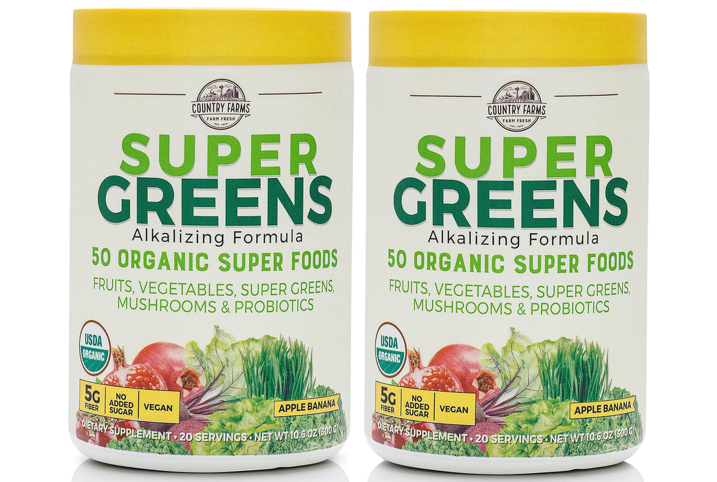 COUNTRY FARMS Super Greens Apple Banana Powder Smoothie, Organic Super Foods, USDA Organic Drink Mix, Fruits, Vegetables, Mushrooms, Superfood Nutrition, 40 Servings, 2 Pack