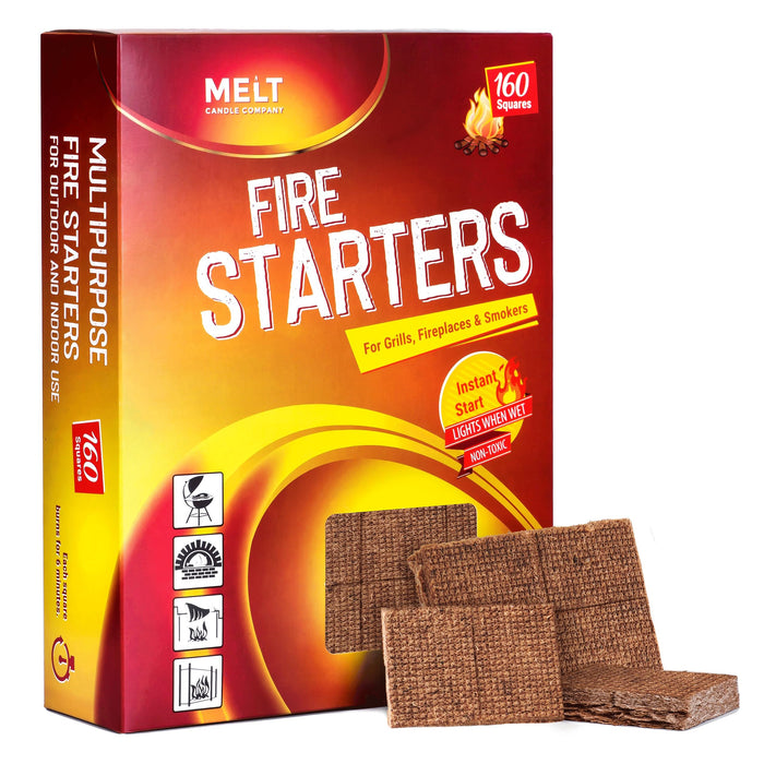 Fire Starter Squares 160 - Fire Starter Pack for Chimney, Grill Pit, Fireplace, Campfire, BBQ & Smoker - Water Resistant and Odourless - Camping Accessories