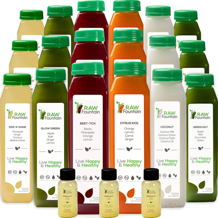 5 Day Juice Cleanse by Raw Fountain, All Natural Raw Detox Cleanse, Weight Management Program, Cold Pressed Fruit and Vegetable Juice, Tasty and Energizing, 30 Bottles 12oz, 5 Ginger Shots