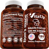 VitaUp Lions Mane Supplement Capsules - USA Made Mushroom Supplement Capsules 1330mg - Lion's Mane Mushroom Complex - Brain Supplement for Memory & Focus - 120 Count