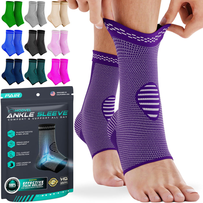 Modvel Ankle Brace for Women & Men - 1 Pair of Ankle Support Sleeve & Ankle Wrap - Compression Ankle Brace for Sprained Ankle, Achilles Tendonitis, Plantar Fasciitis, & Injured Foot - Small, Purple