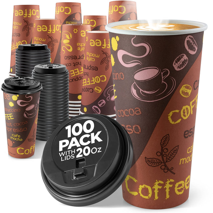 Disposable Coffee Cups with Lids 20 oz (100 Pack) - To Go Paper Coffee Cups for Hot & Cold Beverages, Coffee, Tea, Hot Chocolate, Water, Juice - Eco Friendly Cups