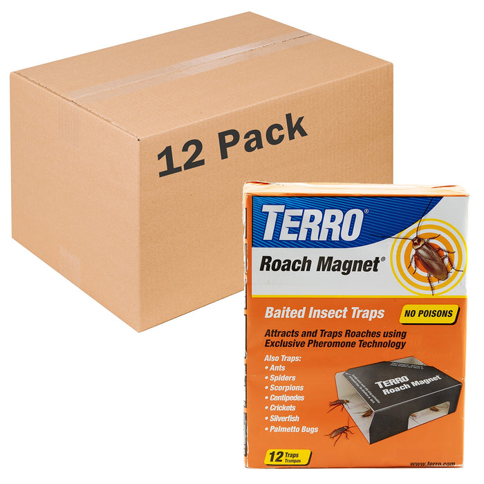 TERRO T256 Poison Free Roach Magnet Trap and killer with Exclusive Pheromone Technology - Kills Ants, Spiders, Scropions, Silverfish, Crickets, and More - 12 Pack 144 Traps