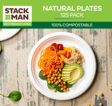 100% Compostable 9 Inch Heavy-Duty [125-Pack] Eco-Friendly Disposable White Bagasse Plate, Made of Natural Sugarcane Fibers - 9" Biodegradable Paper Plates by Stack Man