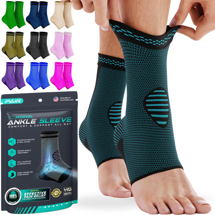 Modvel 2 Pack Ankle Brace Compression Sleeve | Injury Recovery, Joint Pain | FSA or HSA eligible | Achilles Tendon Support, Plantar Fasciitis Foot Socks with Arch Support