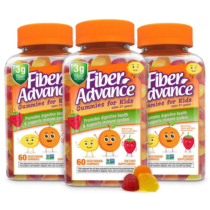 Fiber Advance Gummies | 100% Plant Based Fiber Supplement for Digestive Health | Chicory Root Inulin Prebiotic Fiber Gummies | Gluten Free, Vegetarian, & Non-GMO (Kids 3-Pack)