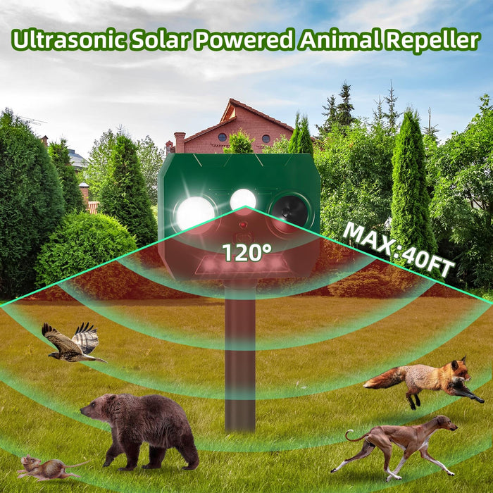 2Pcs Ultrasonic Pest Repellent Outdoor Solar Animal Repeller with Motion Detection&LED Flash Lights Deer Deterrent Devices to Repel Dog Cat Squirrel Raccoon Rabbit Bird Mice Skunk Repellent for Yard