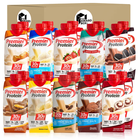 Premier Protien High Protein Shakes Variety Pack Sampler, 11 Fl. Oz Each - Cafe Latte, Chocolate, Vanilla, Caramel, Cake Batter, Chocolate Peanut Butter, Cinnamon, Banana, Strawberry, Cookies and Cream - 2 of Each Flavor (20 Pack) in The Award Box Packagi