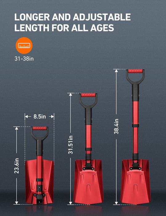 AstroAI 39" Folding Snow Shovel for Car, Extendable Snow Shovel with Thickened Aluminum Handle and Reinforced Iron Hinge, Portable and Multifunctional for Cars, Snowmobiles, Camping and Mud, Red