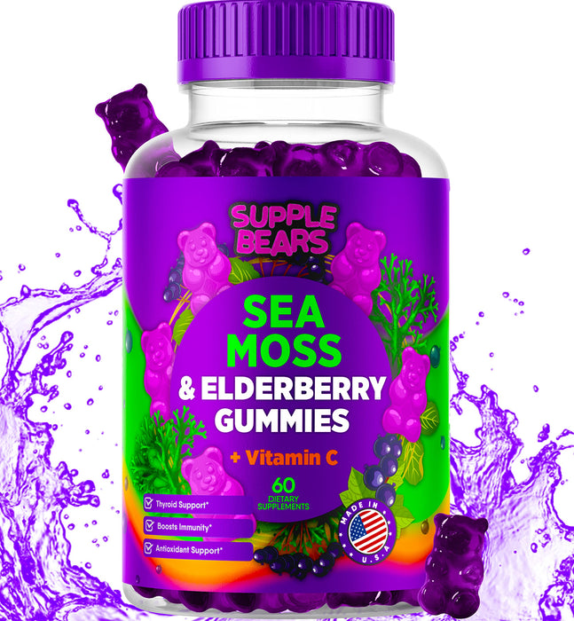 Supplebears Sea Moss Gummies & Elderberry - Vitamin C + Zinc – Extra Strength Immune & Thyroid Support Booster Gummy Bears for Kids & Adults - 60 Seamoss Gummies - Made in The USA