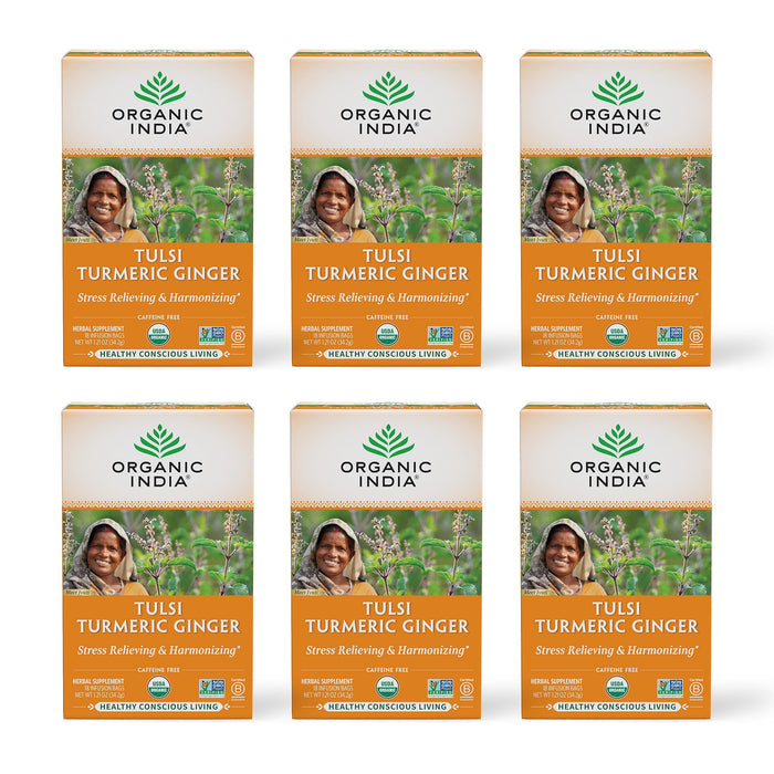 Organic India Tulsi Turmeric Ginger Herbal Tea - Holy Basil, Stress Relieving & Harmonizing, Immune Support, Healthy Inflammatory Response, Aids Digestion, Caffeine-Free - 18 Infusion Bags, 6 Pack