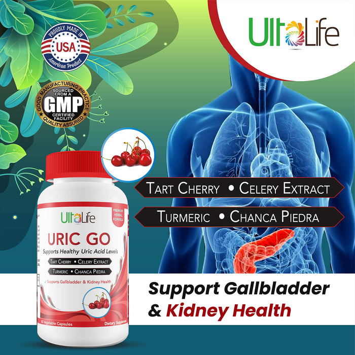 #1 URIC GO Uric Acid Cleanse Support Supplement for G.O.U.T - Natural Kidney Cleanse Detox Formula Chanca Piedra, Celery Seed, Tart Cherry, Cranberry, Pomegranate, Turmeric, Vegan Non-GMO 60 Capsules