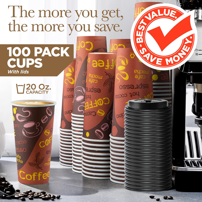 Disposable Coffee Cups with Lids 20 oz (100 Pack) - To Go Paper Coffee Cups for Hot & Cold Beverages, Coffee, Tea, Hot Chocolate, Water, Juice - Eco Friendly Cups