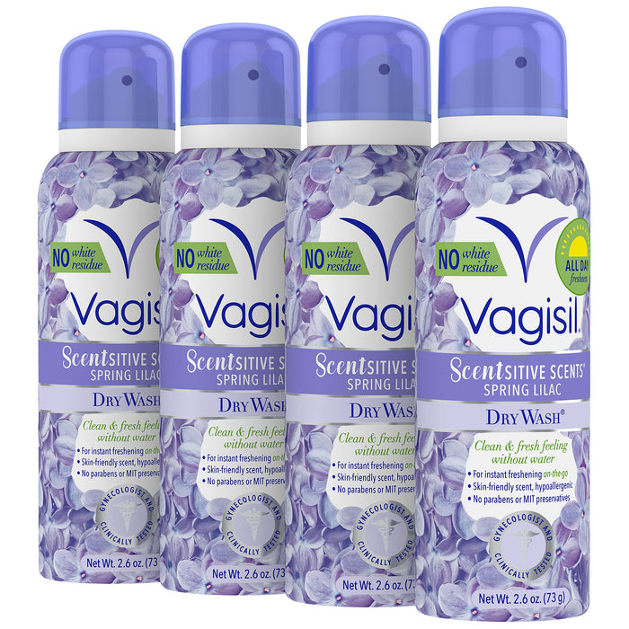 Vagisil Scentsitive Scents Feminine Dry Wash Deodorant Spray for Women, Gynecologist Tested, Paraben Free, Spring Lilac, 2.6 Ounce (Pack of 4)