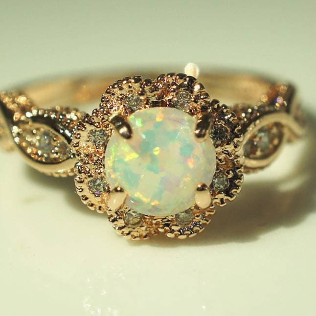 Vintage Australian Crystal Flower Ring Female Anniversary Gift Jewelry Fashion Golden Opal Engagement / Wedding Rings