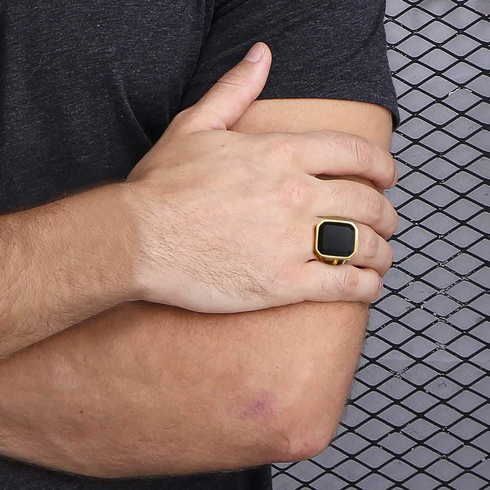 Black Carnelian CZ Gold Tone Ring for Men Boys 316L Stainless Steel Signet Rings Square Shape Royal Male Jewelry