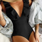 Ruffle One Piece Swimsuit Ribbed Women's  V-neck Lace Up Back Bathing Suit