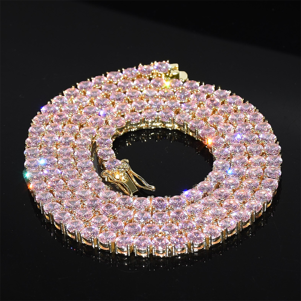 Pink Hip Hop Tennis Chain for Men, Pink Diamond Tennis Necklace, Mens Tennis Necklace