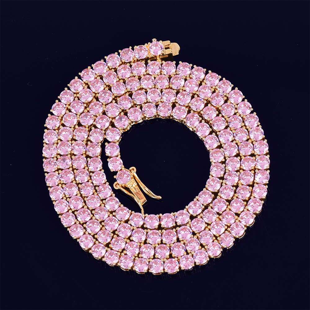 Pink Hip Hop Tennis Chain for Men, Pink Diamond Tennis Necklace, Mens Tennis Necklace