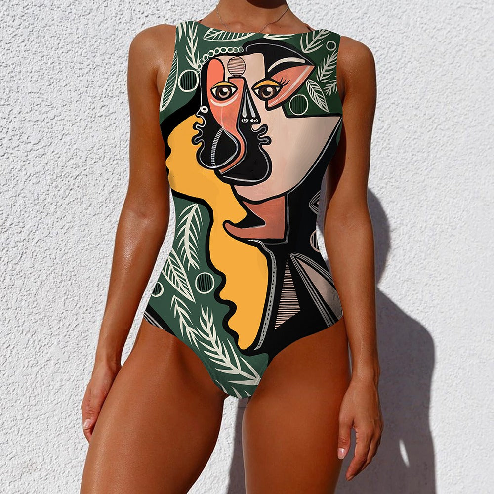 Women's Vintage Style Print High Neck Open Back One Piece