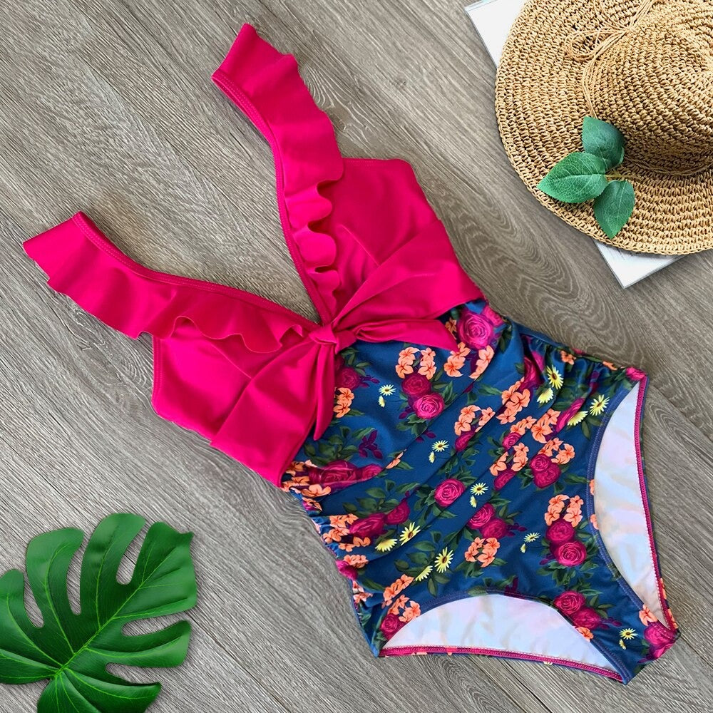 Ruffled  Swimsuit Feminine One Piece Bow Detail Bathing Suits One Piece Swimsuit for Girls