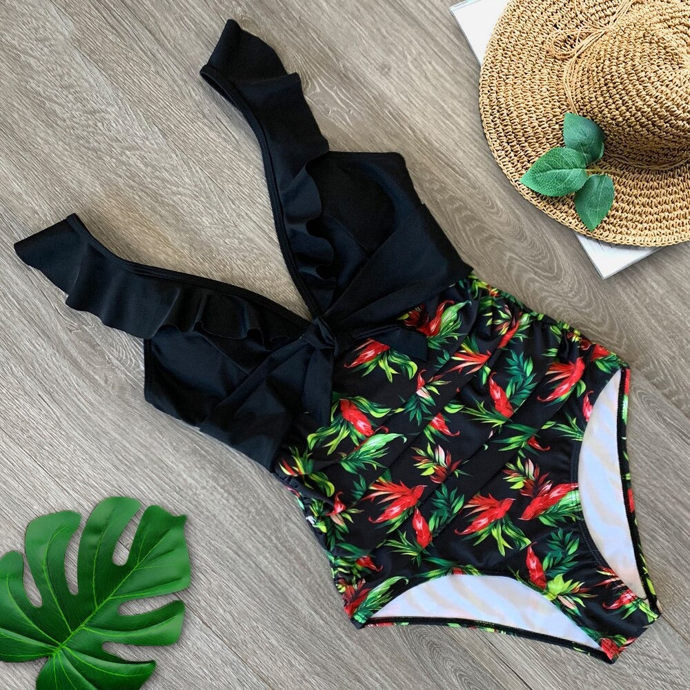 Ruffled  Swimsuit Feminine One Piece Bow Detail Bathing Suits One Piece Swimsuit for Girls