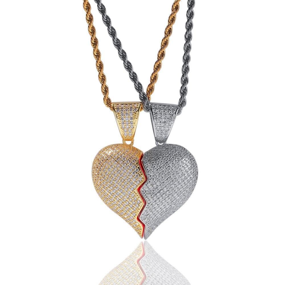 Couple Necklace - Hip-hop Personality Two Halves Heartbroken Combination Pendant Copper-inlaid Zircon Broken Couple Necklace